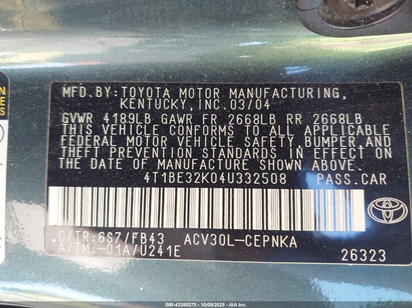2004 Toyota Camry Le VIN: 4T1BE32K04U332508 Lot: 43380370