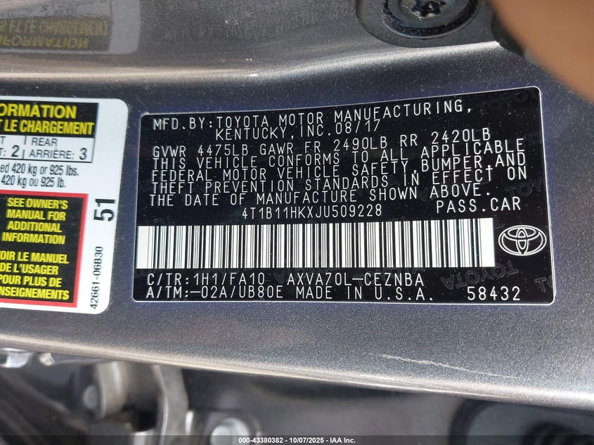 2018 Toyota Camry Le VIN: 4T1B11HKXJU509228 Lot: 43380382