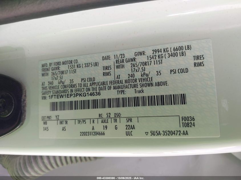 2023 Ford F-150 Xl VIN: 1FTEW1EP3PKG14636 Lot: 43380386