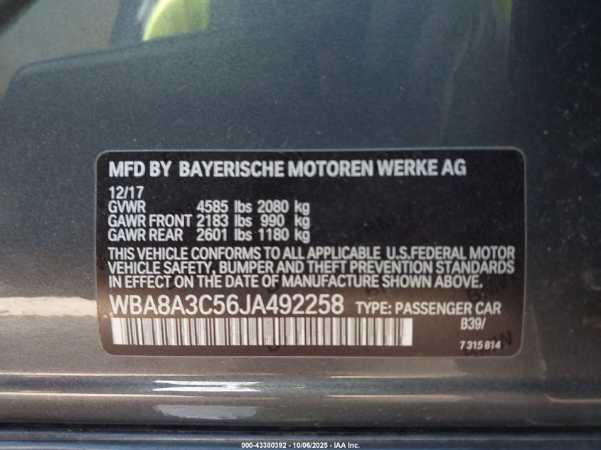 2018 BMW 320I xDrive VIN: WBA8A3C56JA492258 Lot: 43380392