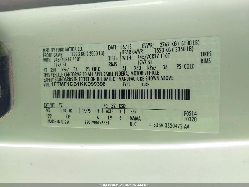 2019 Ford F-150 Xl VIN: 1FTMF1CB1KKD99396 Lot: 43380401