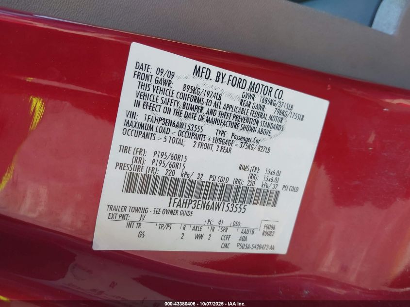 2010 Ford Focus S VIN: 1FAHP3EN6AW153555 Lot: 43380406