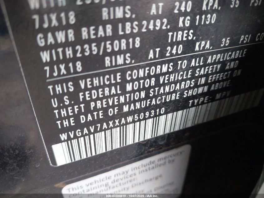 2010 Volkswagen Tiguan Sel VIN: WVGAV7AXXAW509310 Lot: 43380419