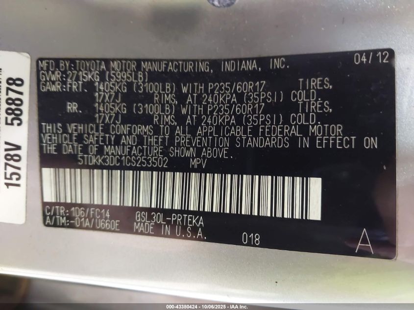 2012 Toyota Sienna Le V6 8 Passenger VIN: 5TDKK3DC1CS253502 Lot: 43380424