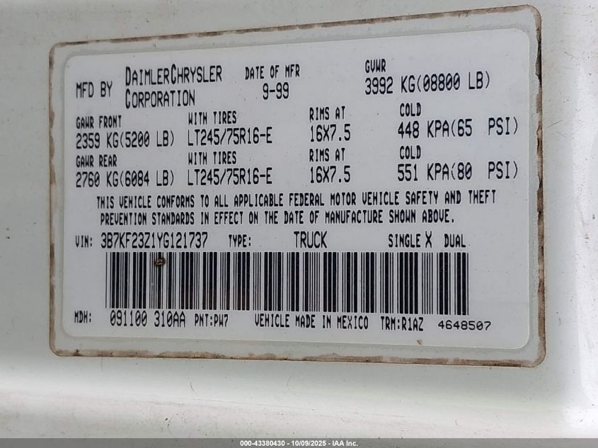 2000 Dodge Ram 2500 St VIN: 3B7KF23Z1YG121737 Lot: 43380430