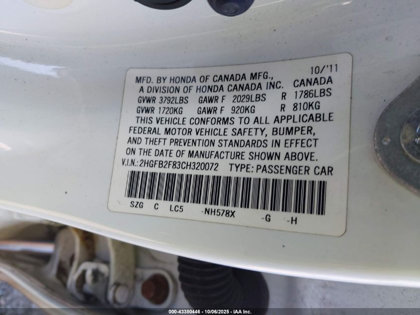 2012 Honda Civic Ex VIN: 2HGFB2F83CH320072 Lot: 43380446