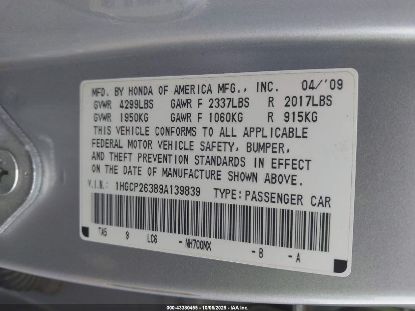2009 Honda Accord 2.4 Lx VIN: 1HGCP26389A139839 Lot: 43380455