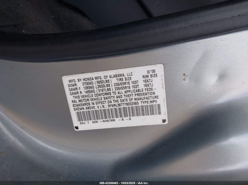 2007 Honda Odyssey Ex-L VIN: 5FNRL38777B002583 Lot: 43380463