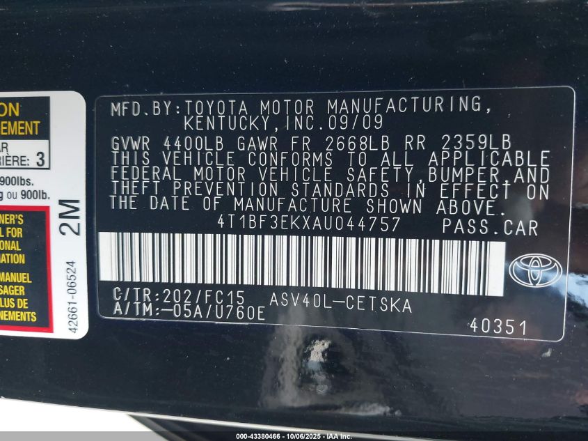 2010 Toyota Camry Se VIN: 4T1BF3EKXAU044757 Lot: 43380466