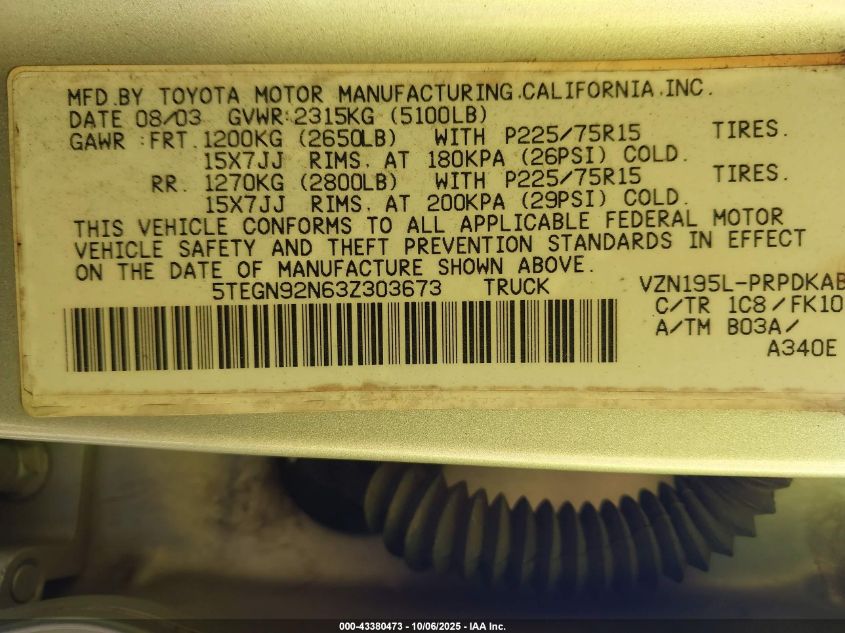 2003 Toyota Tacoma Prerunner V6 VIN: 5TEGN92N63Z303673 Lot: 43380473