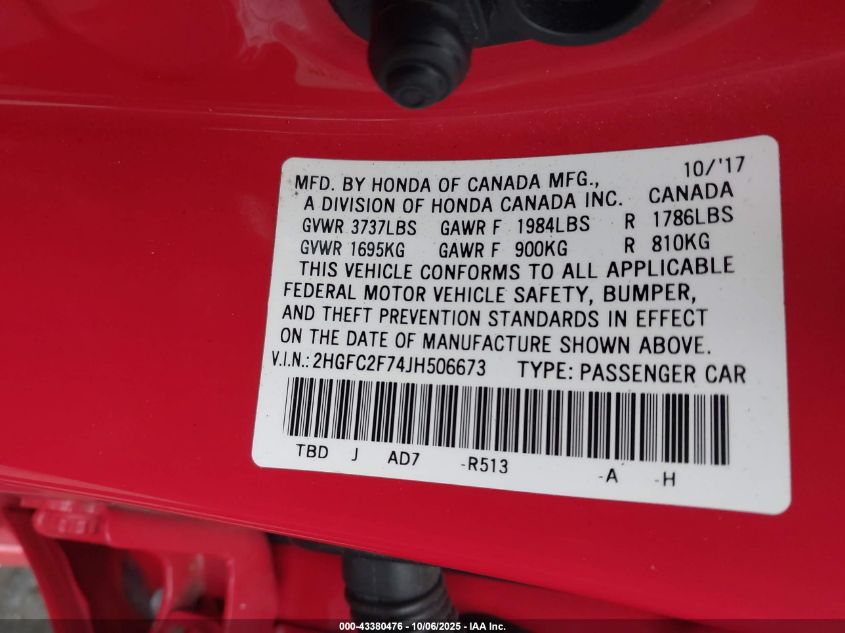 2018 Honda Civic Ex VIN: 2HGFC2F74JH506673 Lot: 43380476