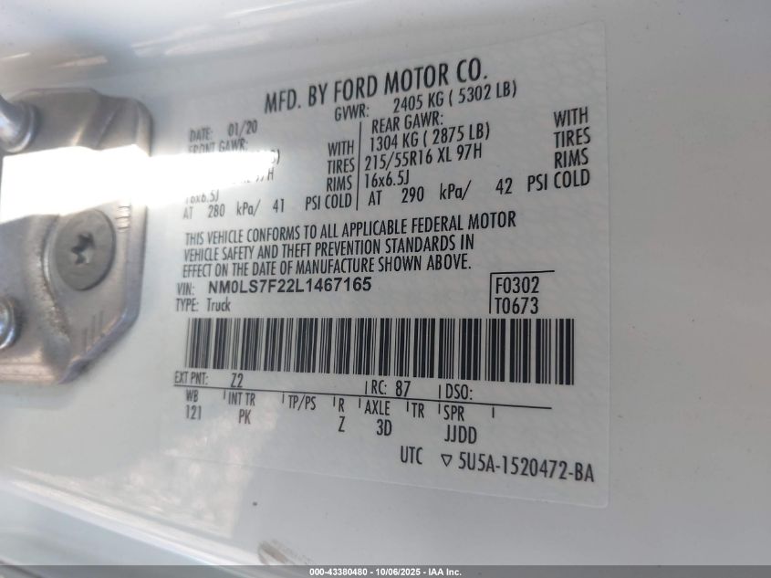 2020 Ford Transit Connect Xlt VIN: NM0LS7F22L1467165 Lot: 43380480