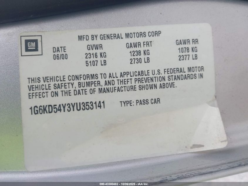 2000 Cadillac Deville Standard VIN: 1G6KD54Y3YU353141 Lot: 43380482