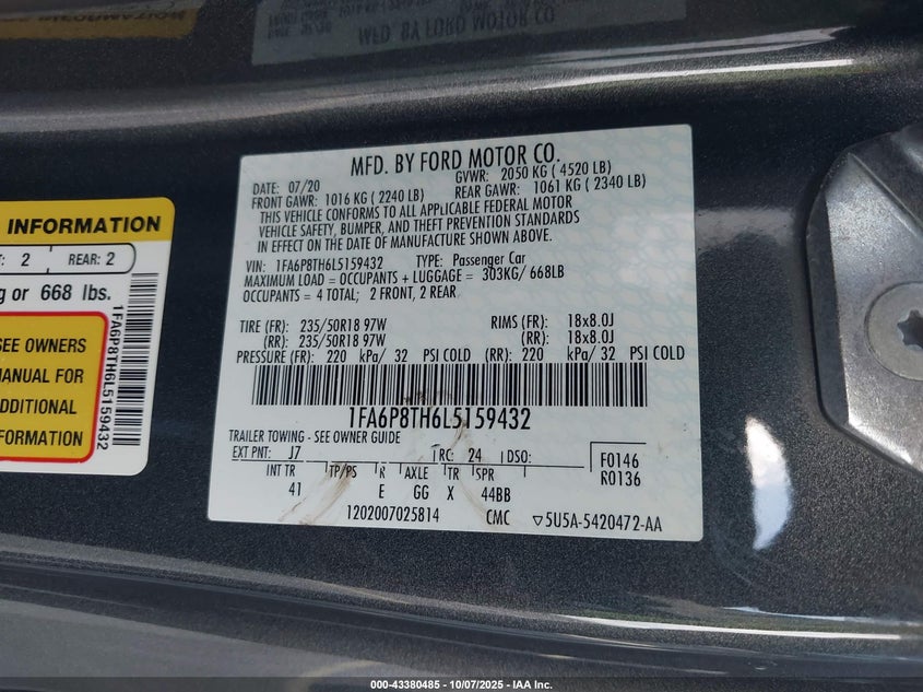 1FA6P8TH6L5159432 2020 FORD MUSTANG photo no. 9
