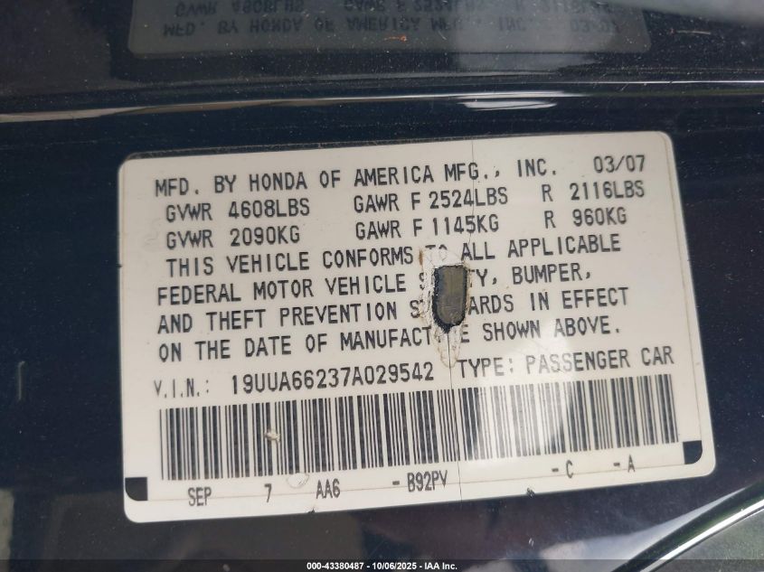 2007 Acura Tl 3.2 VIN: 19UUA66237A029542 Lot: 43380487