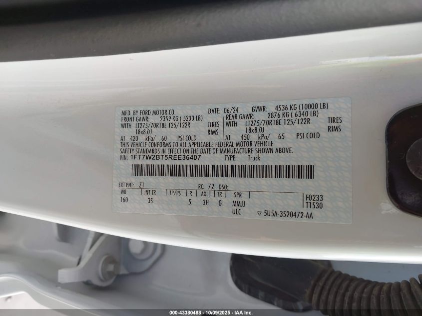 2024 Ford F-250 Xlt VIN: 1FT7W2BT5REE36407 Lot: 43380488