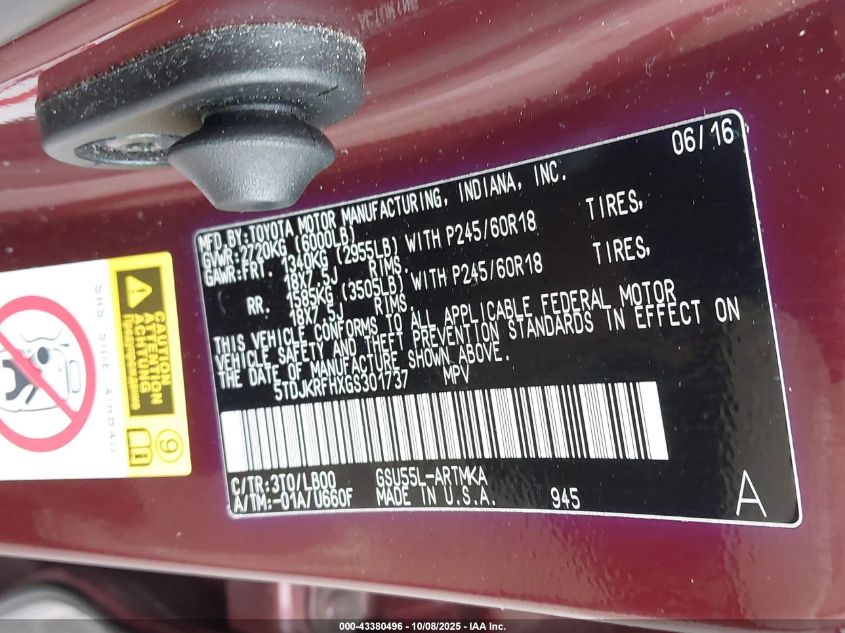 2016 Toyota Highlander Xle V6 VIN: 5TDJKRFHXGS301737 Lot: 43380496