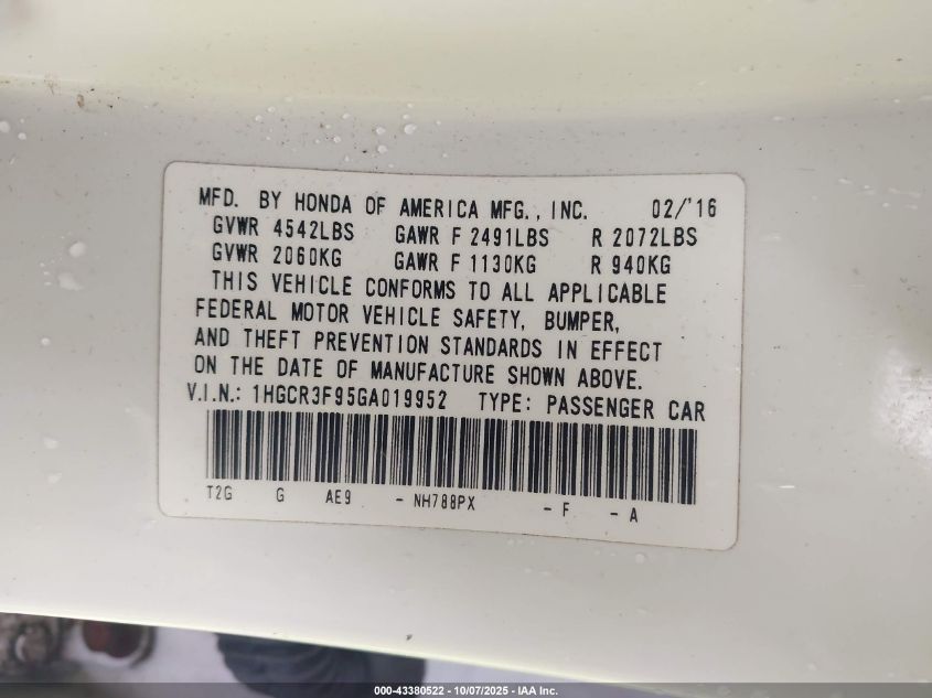 2016 Honda Accord Touring VIN: 1HGCR3F95GA019952 Lot: 43380522