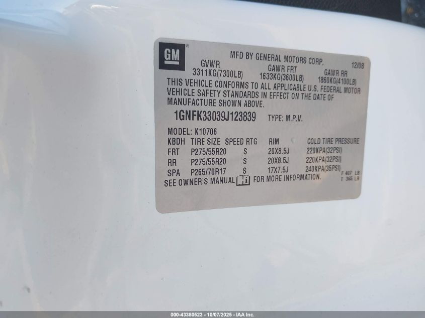 2009 Chevrolet Tahoe Ltz VIN: 1GNFK33039J123839 Lot: 43380523