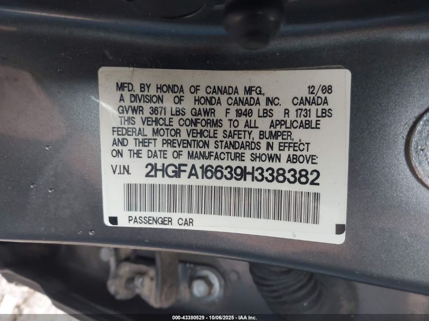 2009 Honda Civic Lx-S VIN: 2HGFA16639H338382 Lot: 43380529