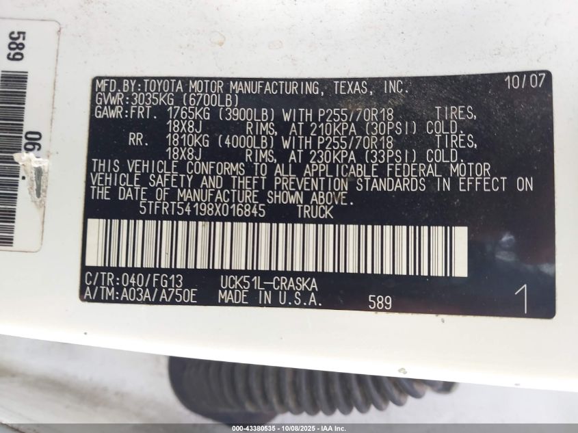 2008 Toyota Tundra Sr5 4.7L V8 VIN: 5TFRT54198X016845 Lot: 43380535