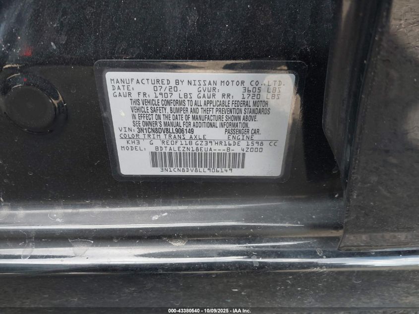 2020 Nissan Versa S Xtronic Cvt VIN: 3N1CN8DV8LL906149 Lot: 43380540