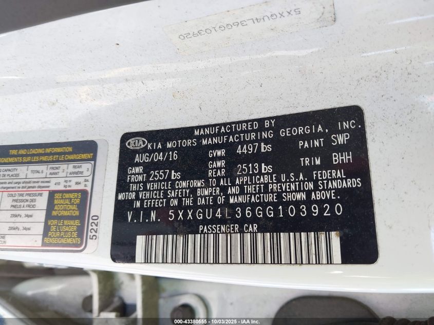 2016 Kia Optima Ex VIN: 5XXGU4L36GG103920 Lot: 43380555