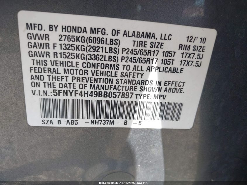 2011 Honda Pilot Ex VIN: 5FNYF4H49BB057897 Lot: 43380556