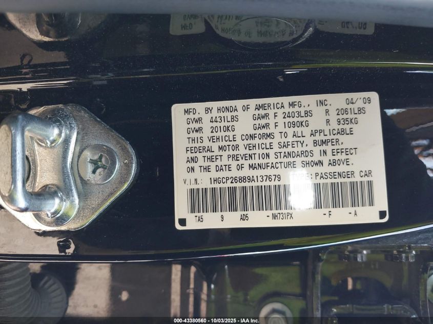 2009 Honda Accord 2.4 Ex-L VIN: 1HGCP26889A137679 Lot: 43380560