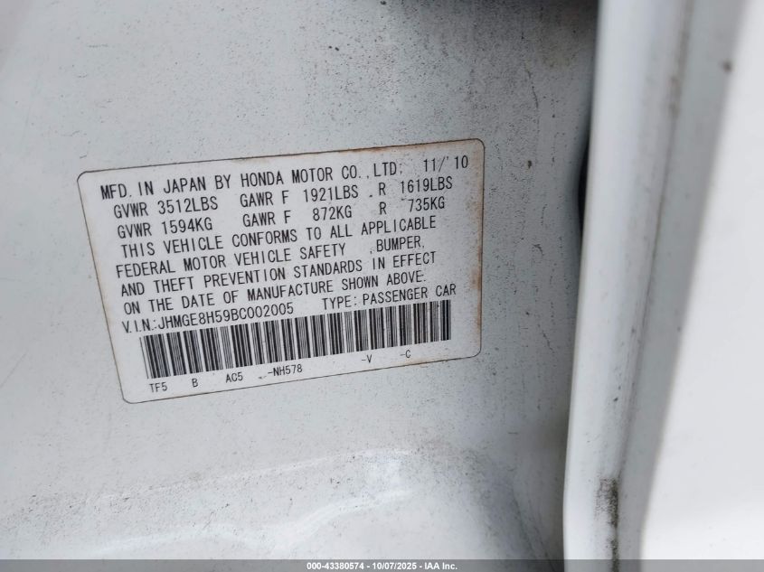 2011 Honda Fit Sport VIN: JHMGE8H59BC002005 Lot: 43380574