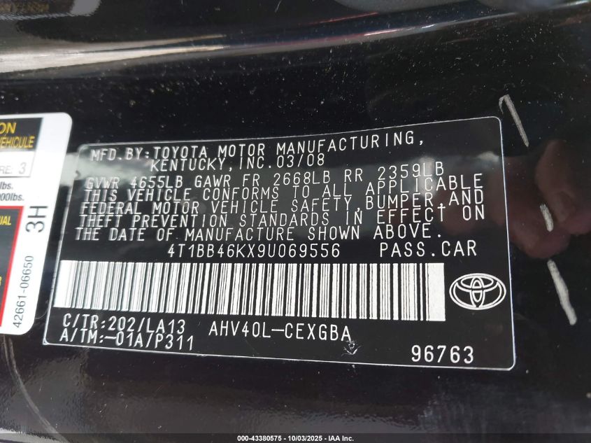 2009 Toyota Camry Hybrid VIN: 4T1BB46KX9U069556 Lot: 43380575