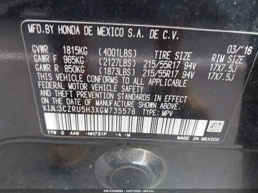 2016 Honda Hr-V Lx VIN: 3CZRU5H3XGM735576 Lot: 43380594