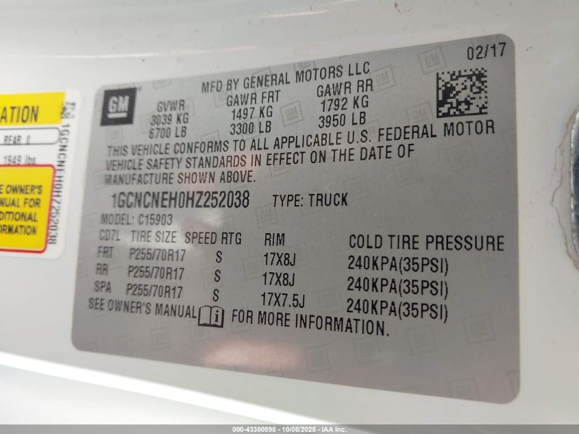 2017 Chevrolet Silverado 1500 Wt VIN: 1GCNCNEH0HZ252038 Lot: 43380598