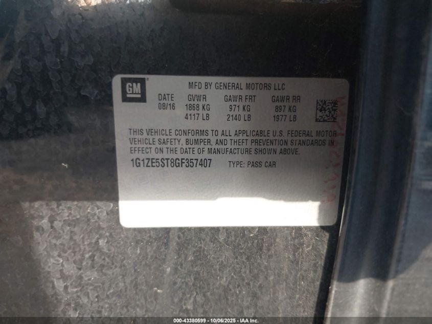 2016 Chevrolet Malibu 1Lt VIN: 1G1ZE5ST8GF357407 Lot: 43380599
