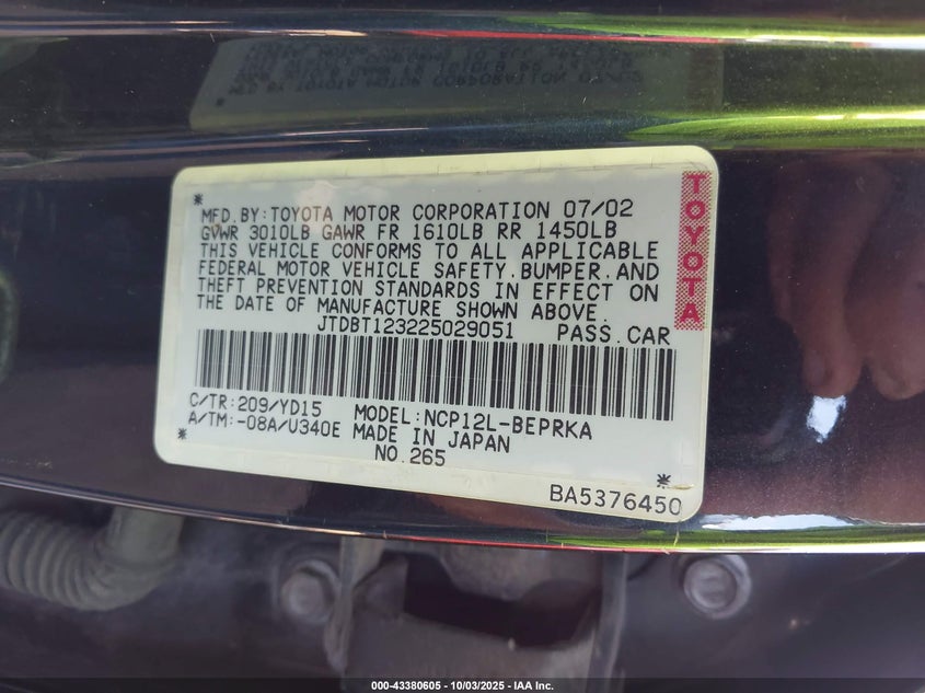 2002 Toyota Echo VIN: JTDBT123225029051 Lot: 43380605