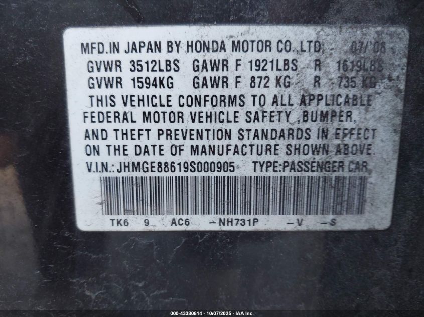 2009 Honda Fit Sport VIN: JHMGE88619S000905 Lot: 43380614