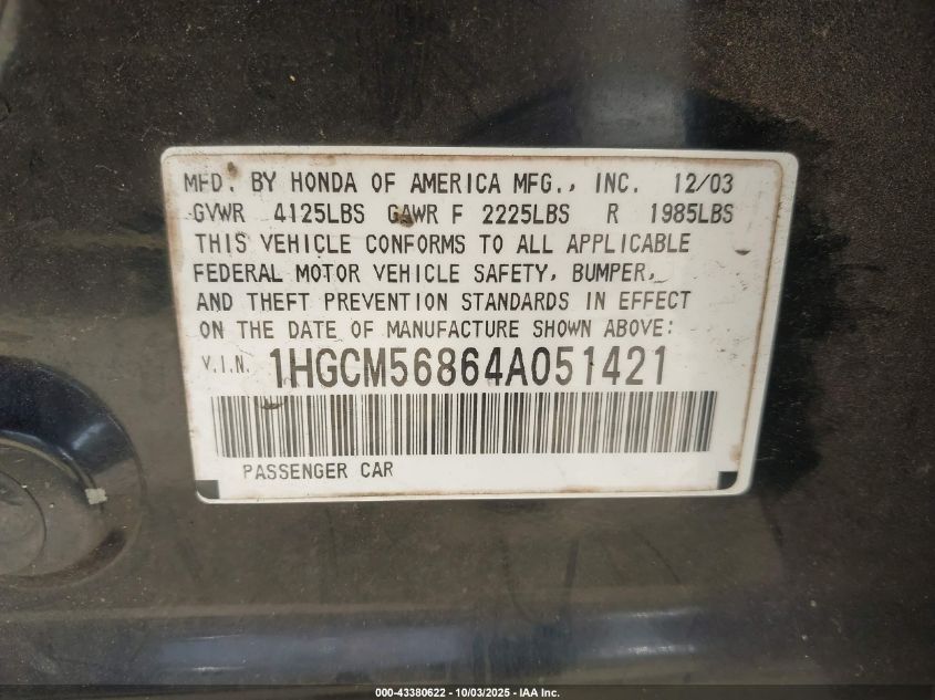 2004 Honda Accord 2.4 Ex VIN: 1HGCM56864A051421 Lot: 43380622