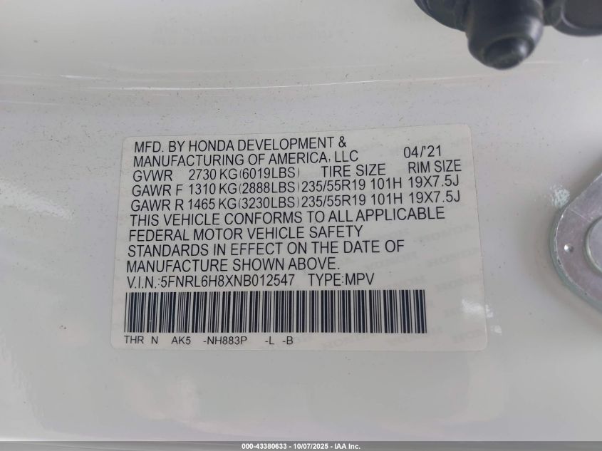 2022 Honda Odyssey Touring VIN: 5FNRL6H8XNB012547 Lot: 43380633