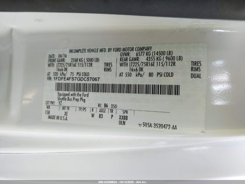 2016 Ford E-450 Cutaway VIN: 1FDFE4FS7GDC57067 Lot: 43380634