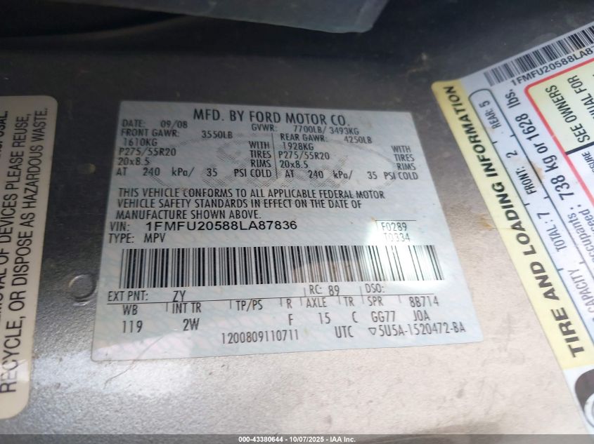 2008 Ford Expedition Limited VIN: 1FMFU20588LA87836 Lot: 43380644