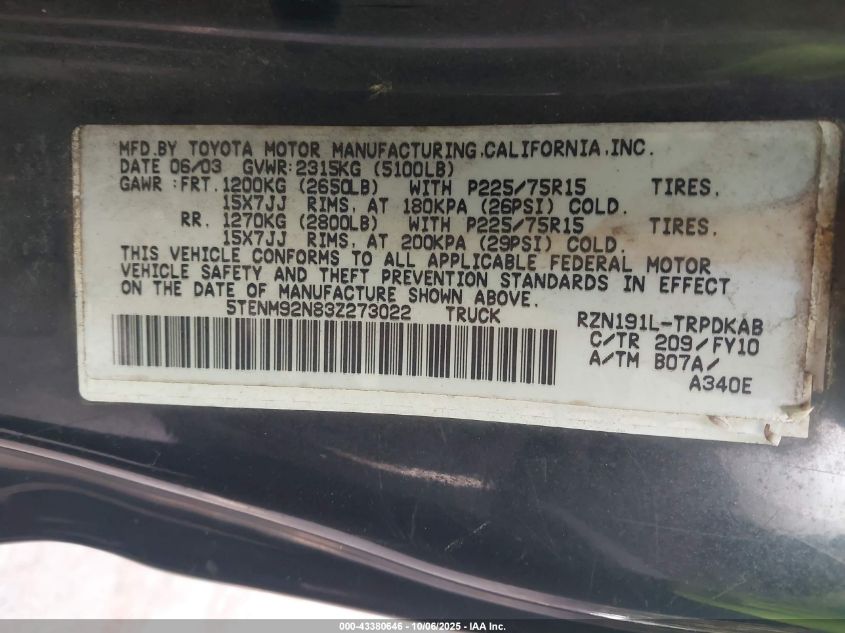 2003 Toyota Tacoma Prerunner VIN: 5TENM92N83Z273022 Lot: 43380646