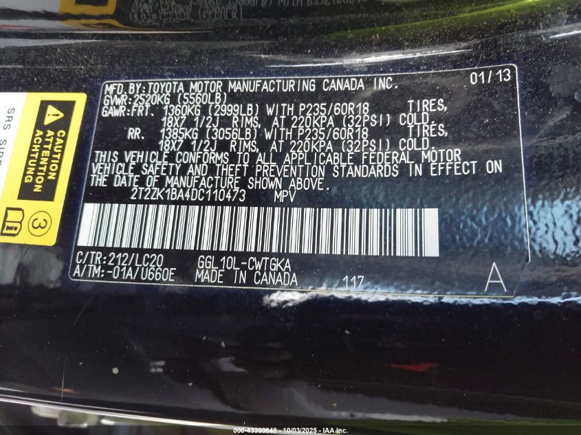 2013 Lexus Rx 350 VIN: 2T2ZK1BA4DC110473 Lot: 43380648