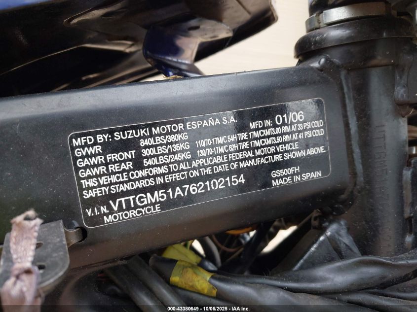 2006 Suzuki Gs500 Fk VIN: VTTGM51A762102154 Lot: 43380649