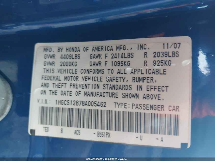 2008 Honda Accord 2.4 Ex-L VIN: 1HGCS12878A005462 Lot: 43380657