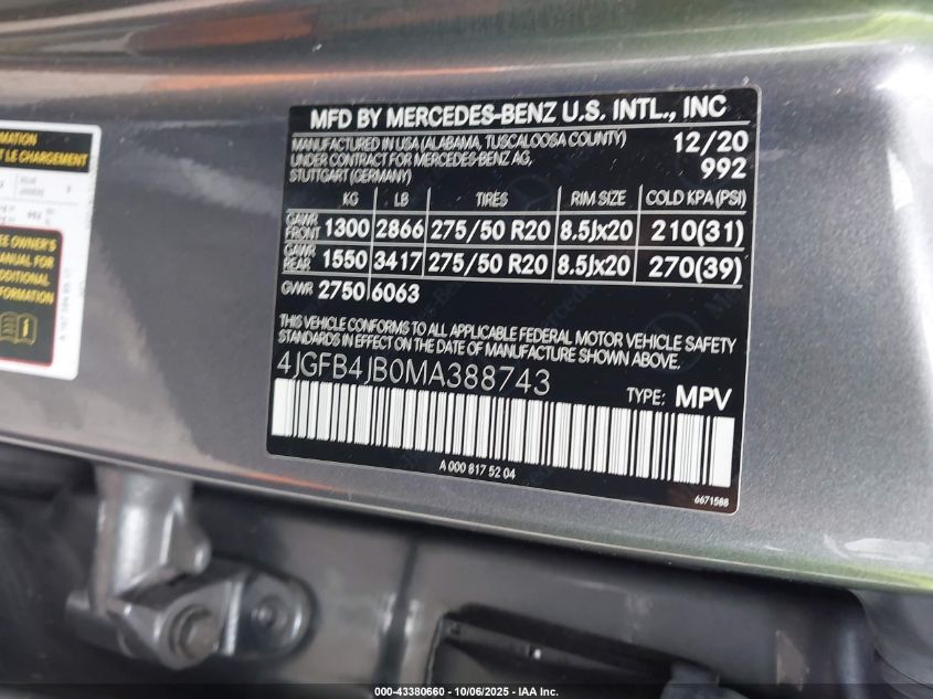 2021 Mercedes-Benz Gle 350 VIN: 4JGFB4JB0MA388743 Lot: 43380660