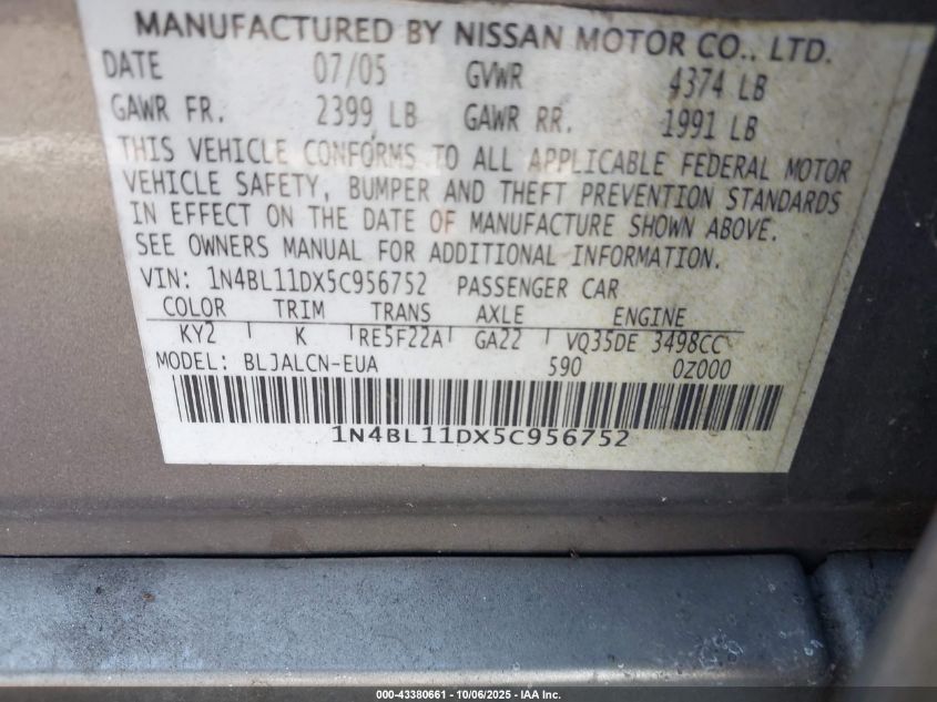 2005 Nissan Altima 3.5 Se VIN: 1N4BL11DX5C956752 Lot: 43380661