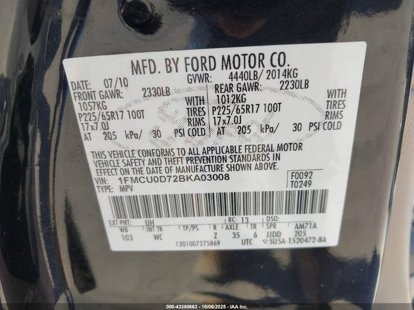2011 Ford Escape Xlt VIN: 1FMCU0D72BKA03008 Lot: 43380663
