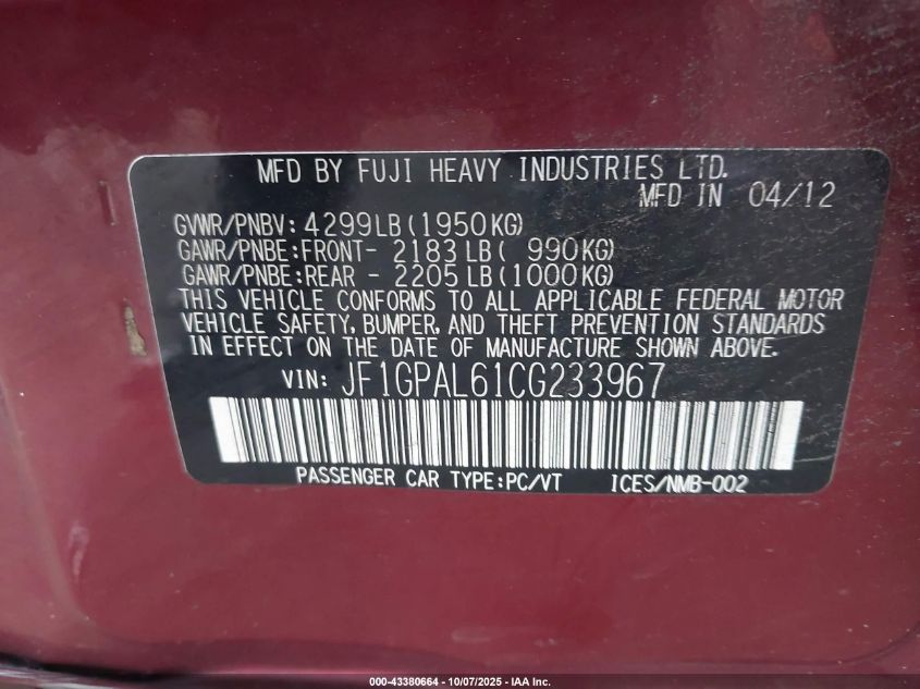 2012 Subaru Impreza 2.0I Sport Premium VIN: JF1GPAL61CG233967 Lot: 43380664