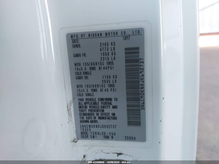 2018 Nissan Nv200 S VIN: 3N6CM0KNXJK692737 Lot: 43380668