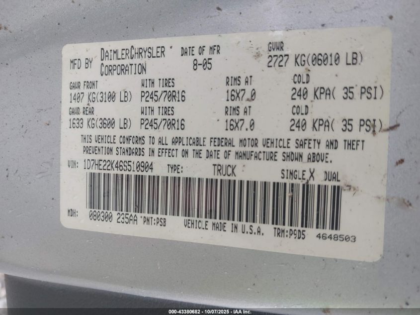 2006 Dodge Dakota St VIN: 1D7HE22K46S510904 Lot: 43380682